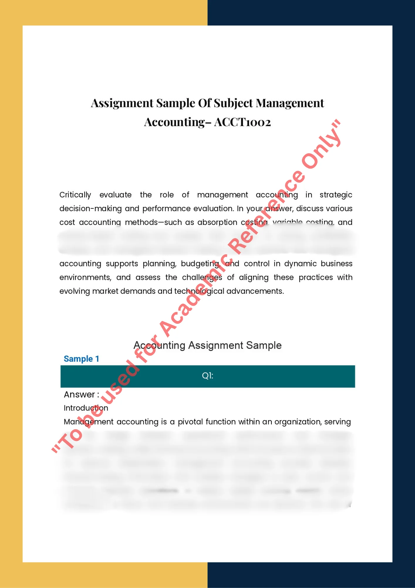 Assignment Sample Of Subject Management Accounting– ACCT1002 0
